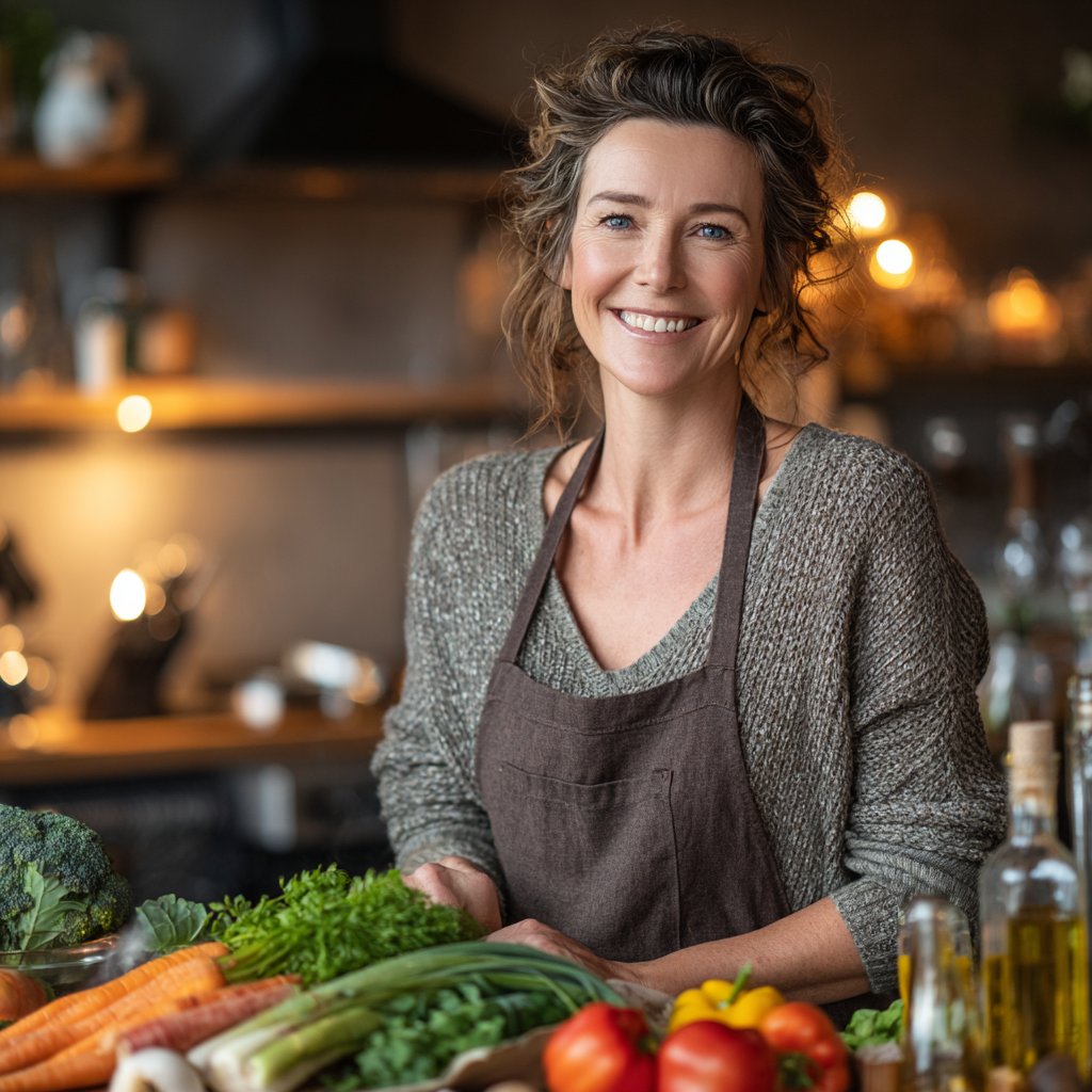 A confident woman in her forties preparing healthy meals in a modern kitchen, smiling while organizing fresh vegetables and nutritious ingredients