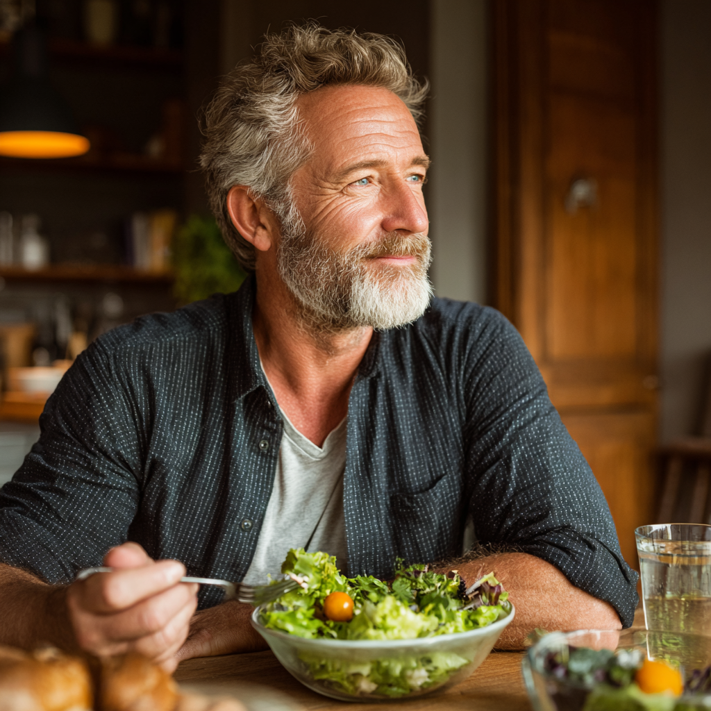 A mature man in his early fifties enjoying a balanced meal at home, looking satisfied and healthy while eating fresh salad and wholesome food